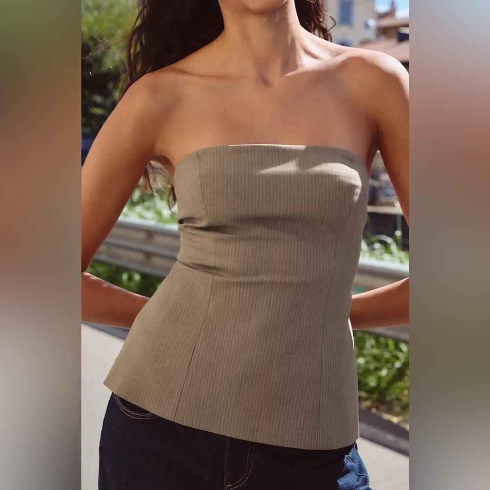 Zara Beige Pinstripe Strapless Top